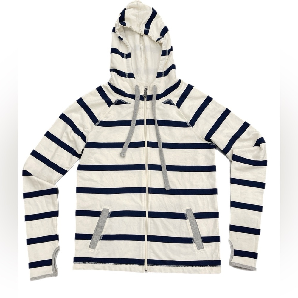 BASS Women's Striped Hoodie Jacket White Blue Full Zip Long Sleeve Thumb Holes